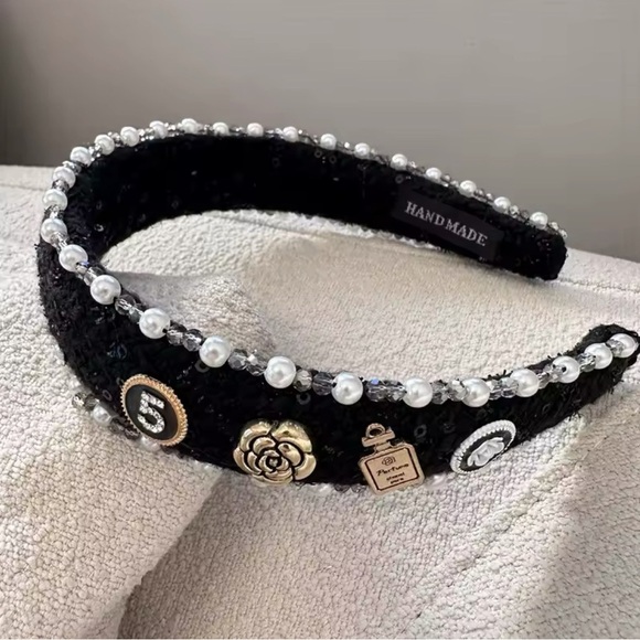 NWT Black Headband with Pearl Accents - Picture 2 of 2